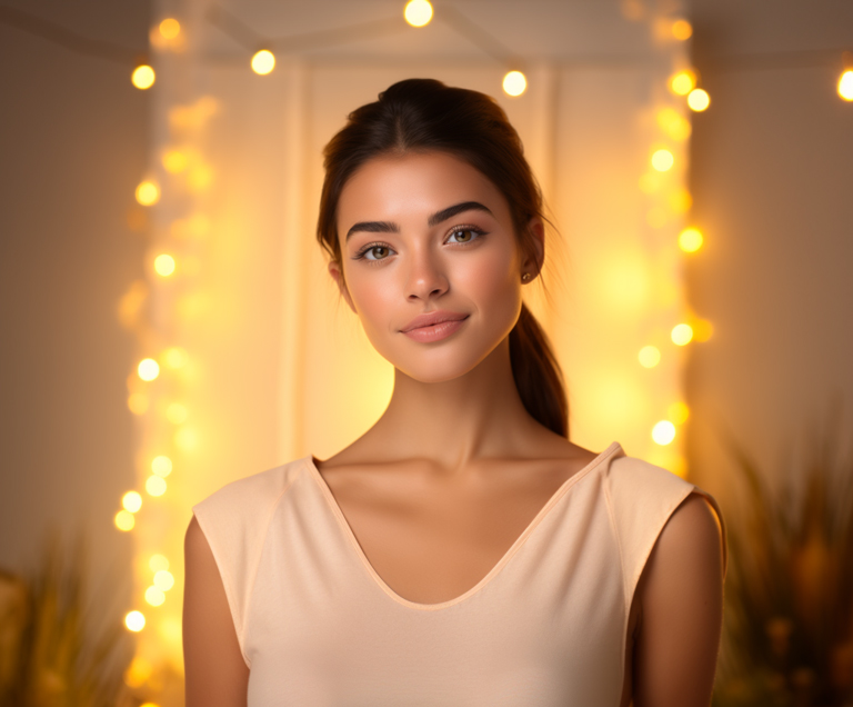 Beautiful smiling young woman with yellow string lights in the background framing her beauty