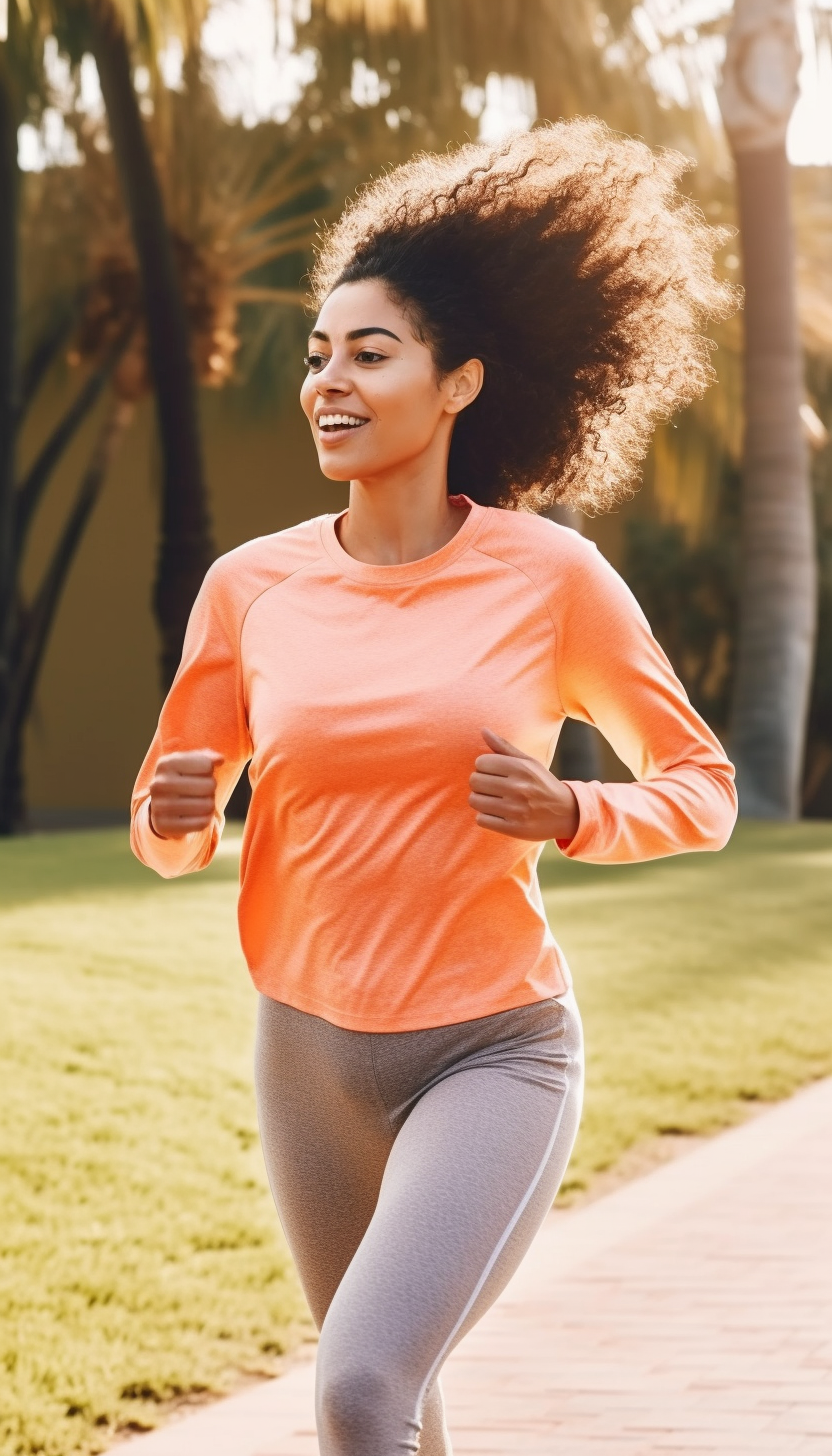 A young woman with curly hair joyfully jogging in a park, wearing a bright coral long-sleeve shirt and gray leggings. Her hair is flowing dramatically in the air as she runs, with a bright smile on her face. The setting is lush with green palm trees in the background, highlighting a sunny, active day.