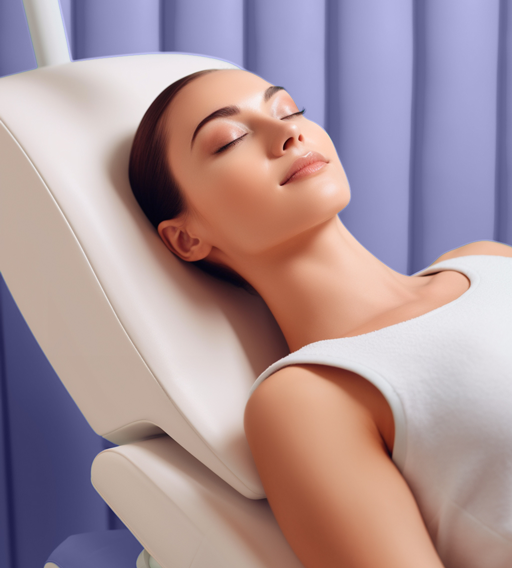 Beautiful relaxed woman laying on medspa bed with purple curtains on the background