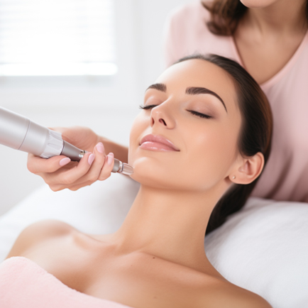 Beautiful woman laying on medspa bed with receiving microneedling treatment by the nurse next to her