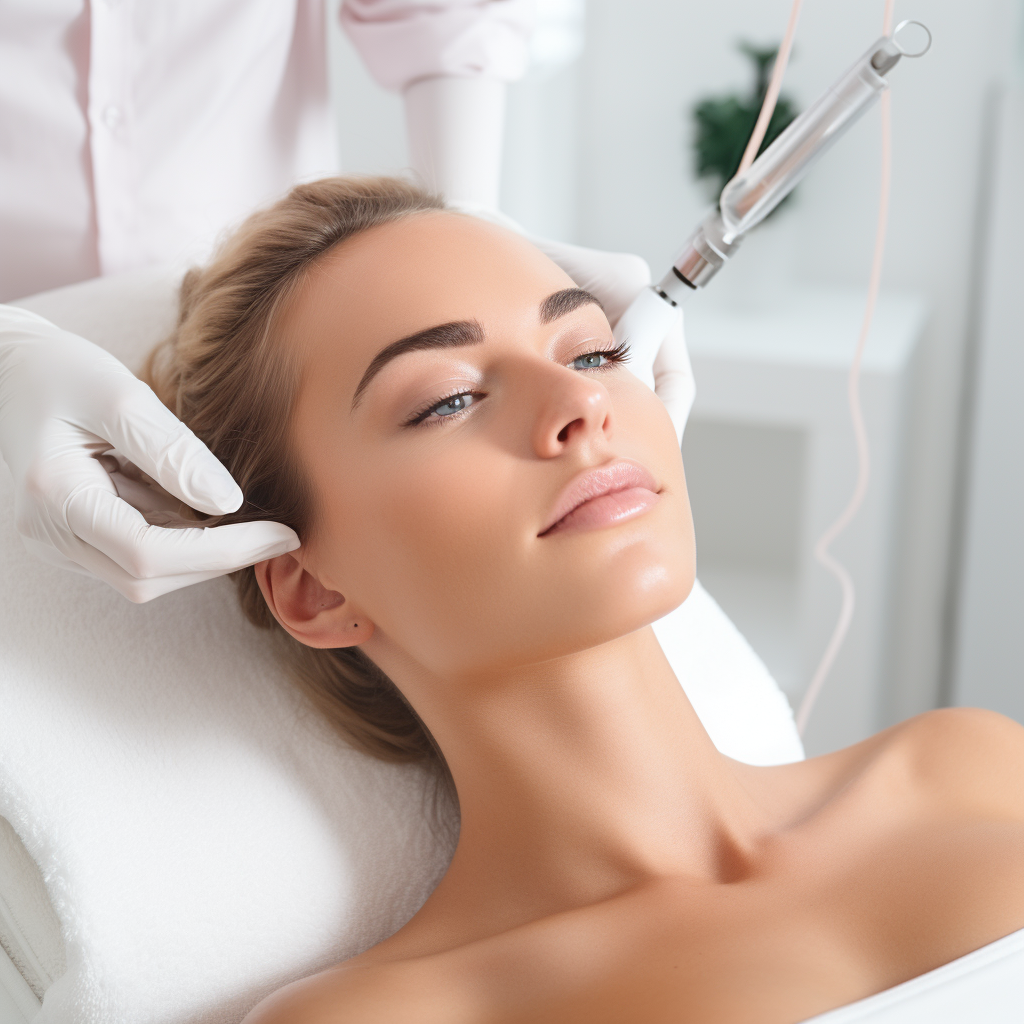 Beautiful blonde woman laying on medspa bed about to begin receiving skinpen treatment by the nurse next to her