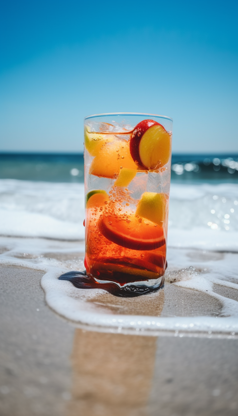 A refreshing glass of fruit-infused water standing on the sandy beach with the ocean in the background. The drink is filled with slices of apples, oranges, and lemons, submerged in vibrant red liquid. Sunlight sparkles on the water's surface, and gentle waves are visible approaching the shore, creating a serene and inviting summer atmosphere.