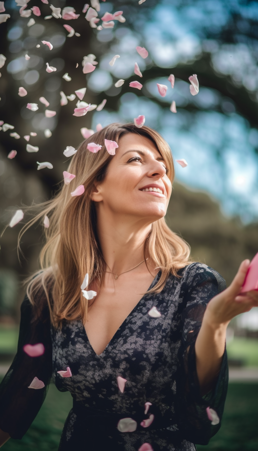 A joyful woman with long blonde hair, smiling upwards as she scatters pink and white flower petals into the air. She is outdoors, wearing a black floral dress. The background features blurred greenery, enhancing the sense of a lively, spring day.