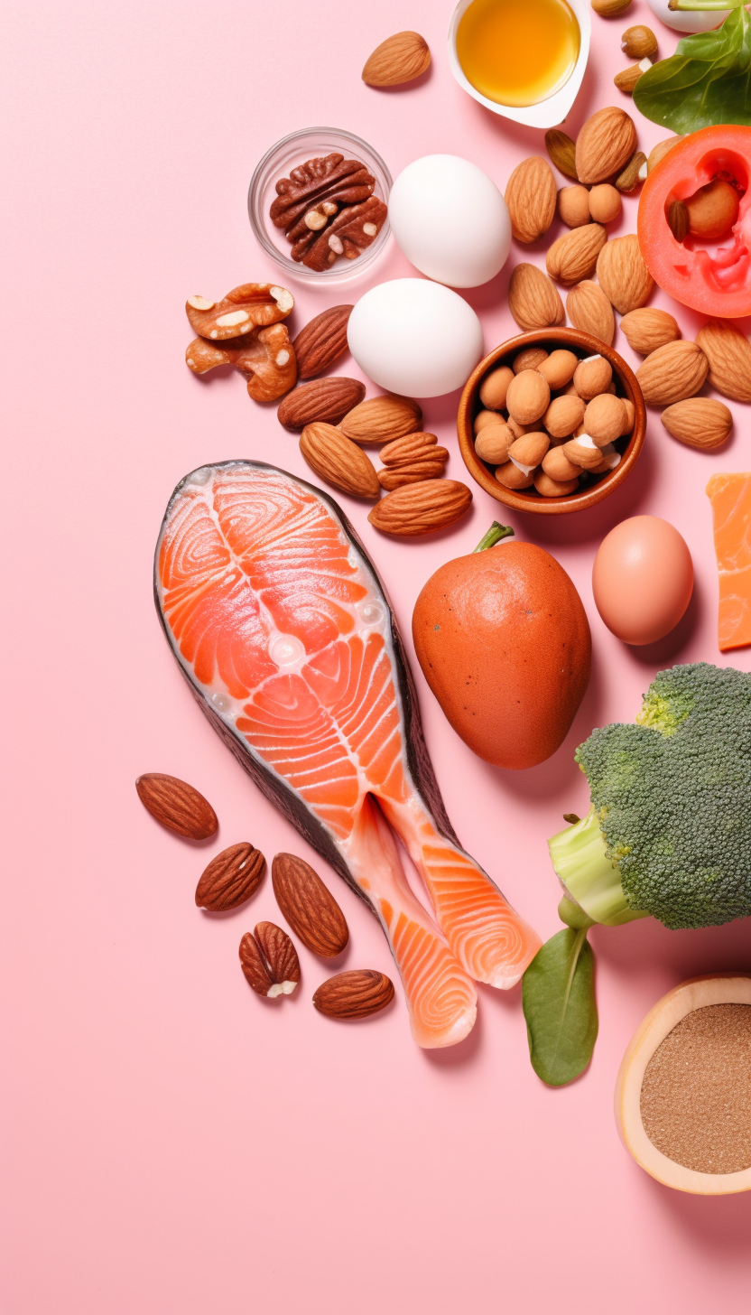 Colorful arrangement of healthy foods and supplements on a light blue background. This includes a piece of salmon, bananas, apples, oranges, and lemons alongside a variety of pills and capsules. Almonds, herbs, and several other small fruits complement the vibrant setup, portraying a theme of nutritious and balanced diet.