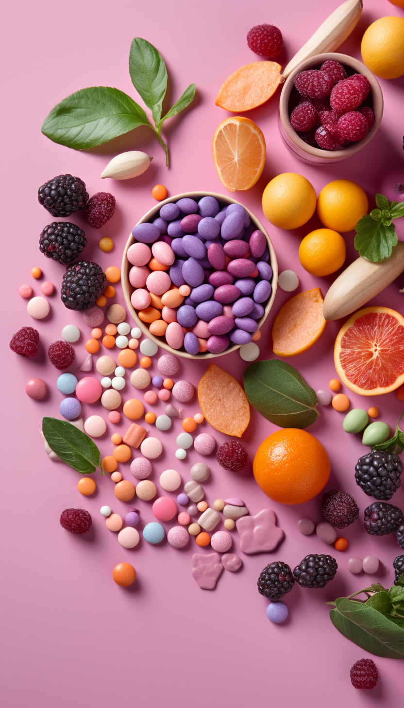 Artistic display of colorful supplements and fresh fruits on a pink background. The composition features a bowl filled with multi-colored coated tablets, surrounded by oranges, blackberries, raspberries, and citrus slices. Additional elements include assorted loose pills, candies, and fresh leaves, emphasizing a concept of health and vitality through nutrition.