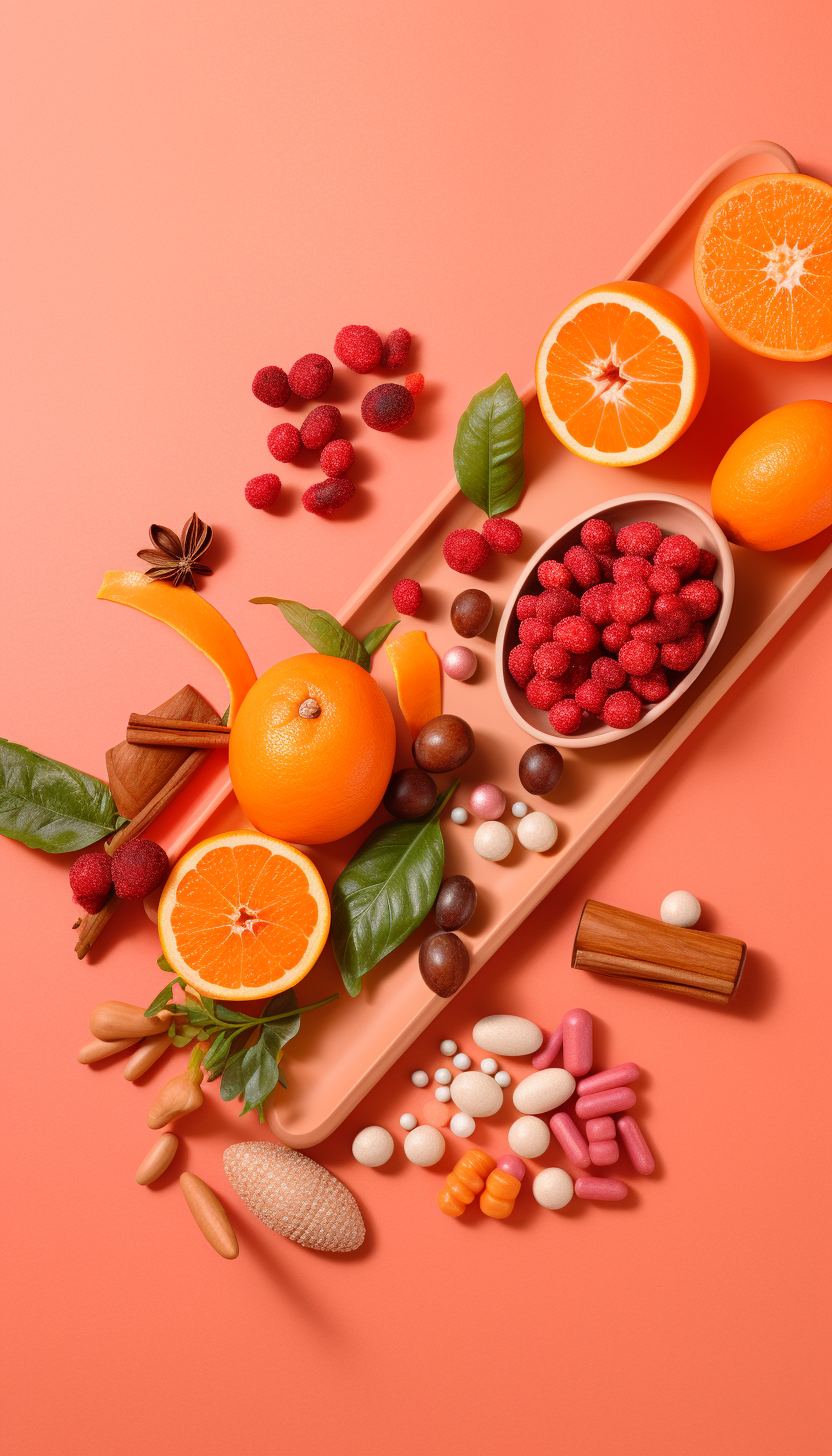 Elegant display of natural supplements and fresh fruits on a coral background. The arrangement includes whole oranges, orange slices, raspberries in a small bowl, and assorted nuts and seeds. Scattered around are various pills and capsules in different colors and shapes, along with cinnamon sticks and green leaves, creating a holistic health and nutrition theme.