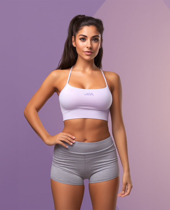 Young athletic girl standing confident with sports bra and athletic shorts.