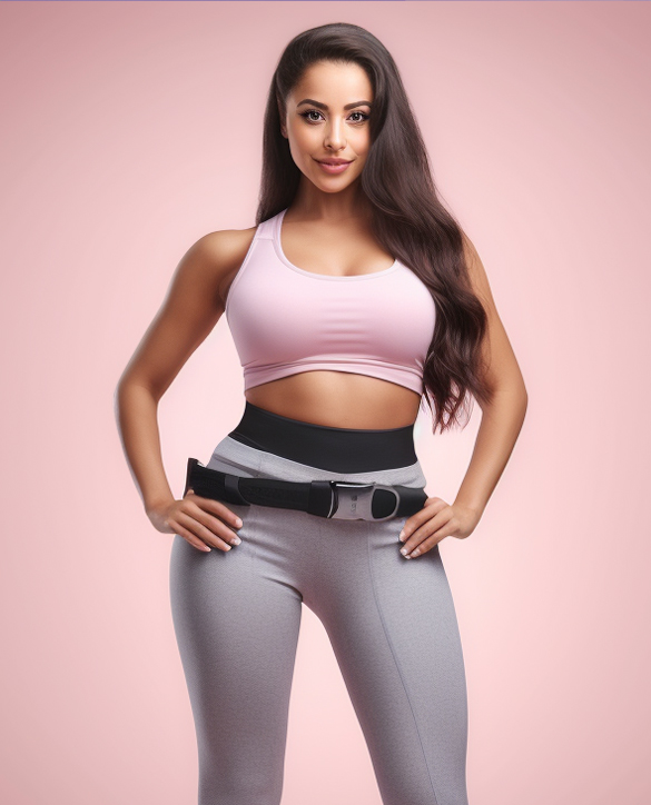 A woman standing confidently in fitness attire, featuring a pale pink crop top and light gray leggings. She wears a wide, adjustable waist trainer belt around her midsection. Her long, dark hair is styled sleekly, and she smiles directly at the camera. The background is a soft pink gradient, emphasizing the health and fitness theme.