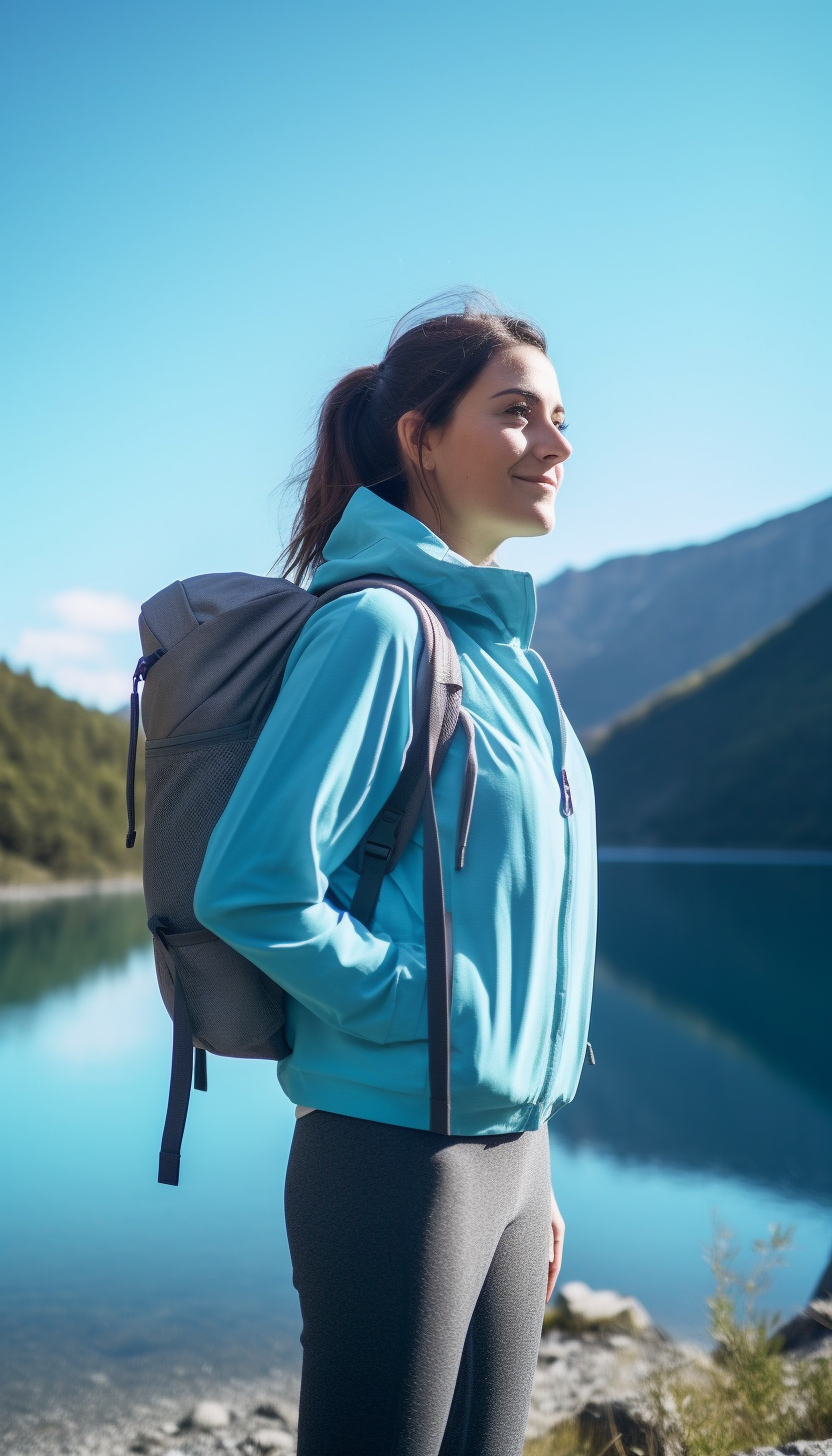 A young woman wearing a turquoise jacket and carrying a gray backpack stands by a serene mountain lake. She looks content and is gazing into the distance, with the clear blue water and forested mountain slopes in the background. The setting is tranquil and full of natural beauty.