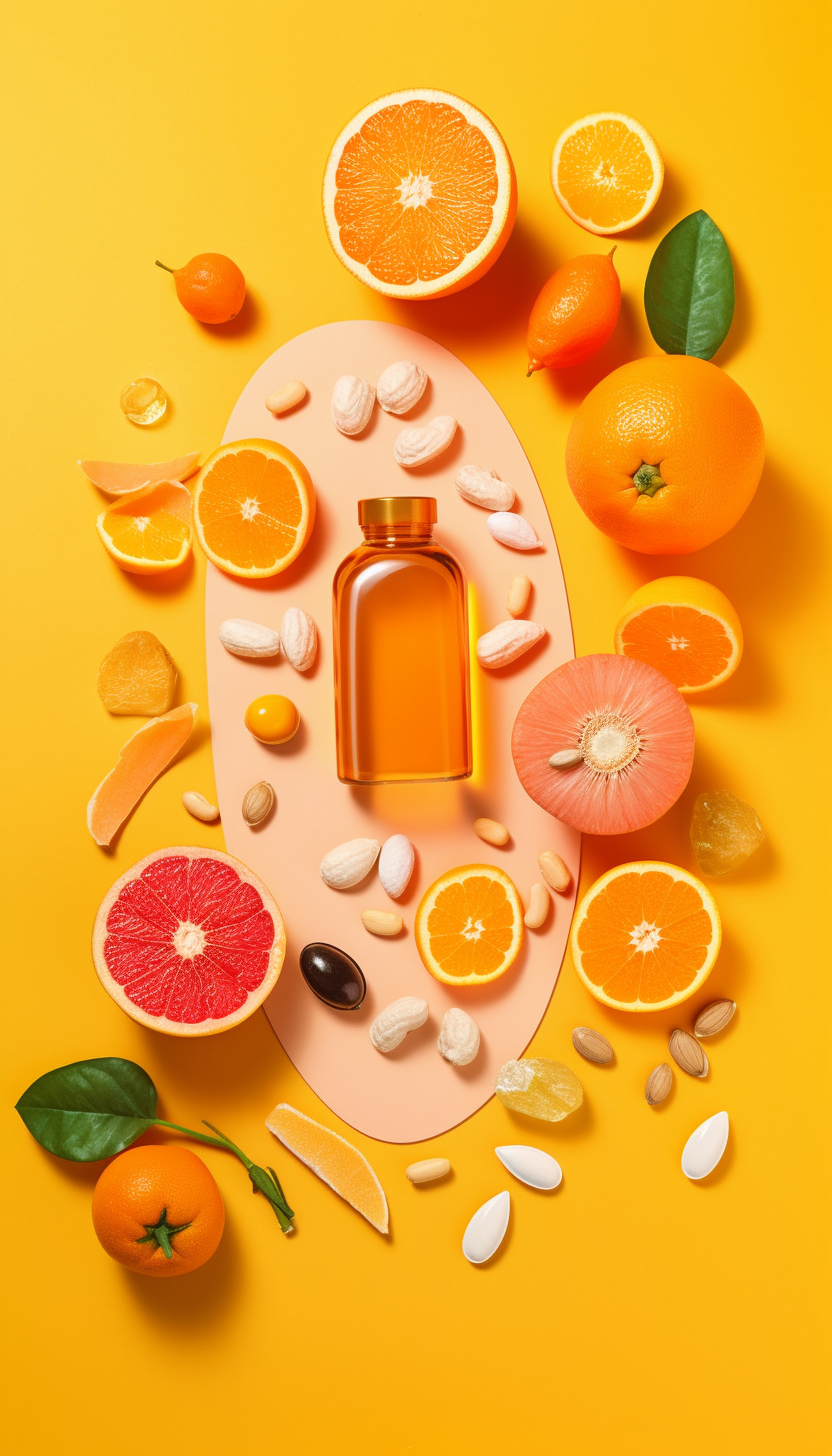 Vibrant display of whole citrus fruits and dietary supplements on a bright yellow background. The composition includes sliced oranges, a grapefruit, whole tangerines, and kumquats, centered around a peach-colored oval containing a clear bottle. Scattered around are various pills, capsules, almonds, and orange peel pieces, emphasizing a health-focused theme.