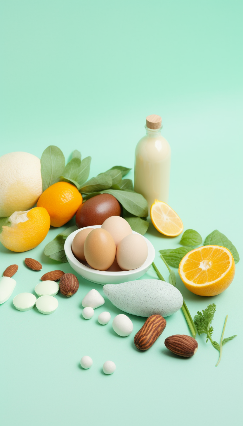 Assorted dietary supplements and whole foods on a mint green background, including eggs in a bowl, a milk bottle, fresh oranges, a lemon, almonds, and various green leaves, with scattered pills and capsules of different sizes and colors.