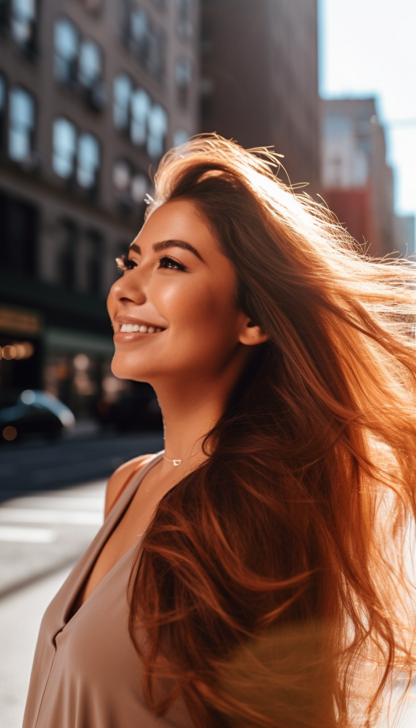 A radiant woman with long, flowing brown hair smiling and looking away on a sunny city street. She wears a sleeveless beige top and a delicate necklace, with sunlight illuminating her face and hair. The backdrop features urban buildings and a clear blue sky, conveying a vibrant, energetic atmosphere.