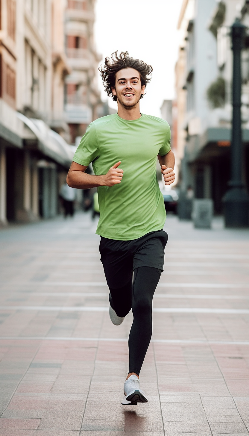 A young man with curly hair jogging on a city street, dressed in a lime green t-shirt and black running tights. He appears energetic and focused, with a light smile on his face as he runs towards the camera. The urban setting features paved streets and building facades, indicating an early morning or less busy time of day.